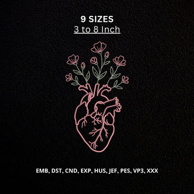 Floral Anatomical Heart Machine Embroidery Design – Heart with Wildflowers Botanical Embroidery File Embroidery/Applique DESIGNS PatternFeed8 