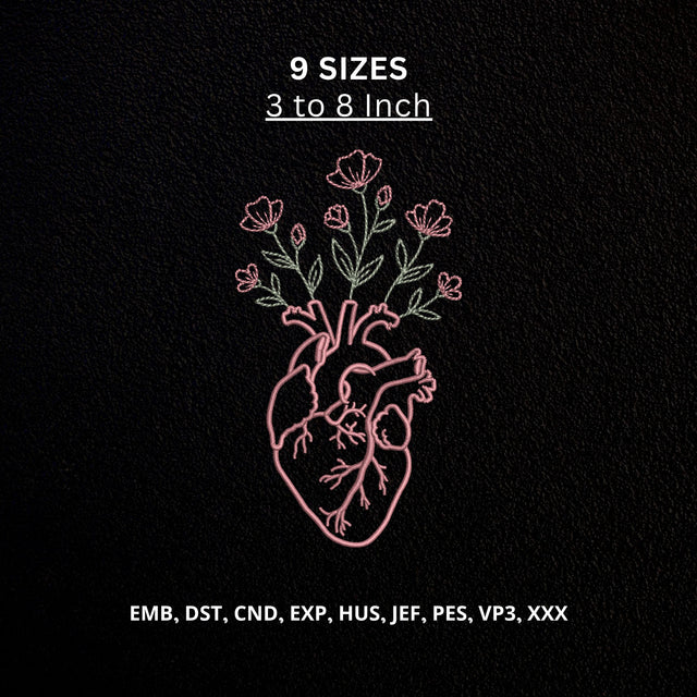 Floral Anatomical Heart Machine Embroidery Design – Heart with Wildflowers Botanical Embroidery File Embroidery/Applique DESIGNS PatternFeed8 