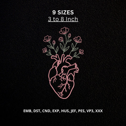 Floral Anatomical Heart Machine Embroidery Design – Heart with Wildflowers Botanical Embroidery File Embroidery/Applique DESIGNS PatternFeed8 
