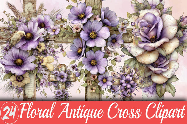 Floral Antique Cross Clipart Bundle. Sublimation SVGArt 