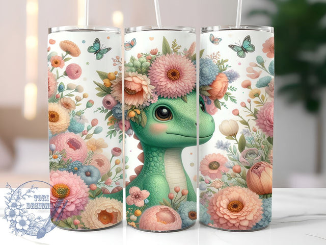 Floral Baby Dinosaur 20oz Tumbler, Baby Dinosaur Tumbler, Floral Dino Design, 20oz Spring Wrap, Cute Dino Gift, Dinosaur Drinkware, Custom Sublimation Tumbler, Spring Floral Tumbler Sublimation ToriDesigns 