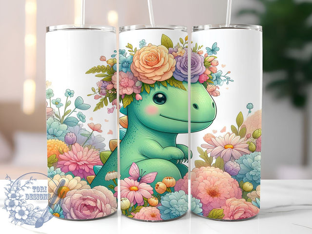 Floral Baby Dinosaur 20oz Tumbler, Baby Dinosaur Tumbler, Floral Dino Design, 20oz Spring Wrap, Cute Dino Gift, Dinosaur Drinkware, Custom Sublimation Tumbler, Spring Floral Tumbler Sublimation ToriDesigns 