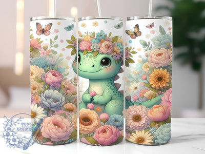 Floral Baby Dinosaur 20oz Tumbler, Baby Dinosaur Tumbler, Floral Dino Design, 20oz Spring Wrap, Cute Dino Gift, Dinosaur Drinkware, Custom Sublimation Tumbler, Spring Floral Tumbler Sublimation ToriDesigns 