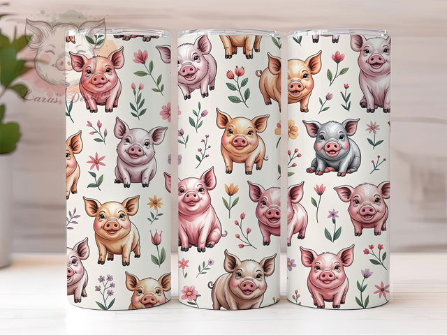 Floral Baby Pig Tumbler, Seamless Pig Wrap, Cute Piglet Cup, 20oz Sublimation Wrap, Stylish Floral Pig Design Tumbler, Artistic Piglet Flower Cup, Whimsical Animal Theme Wrap Sublimation Lara' s Designs 