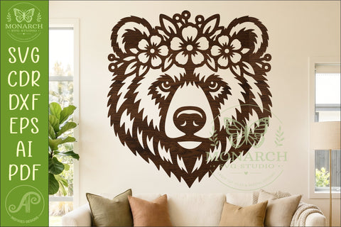 Floral Bear Face SVG with Flower Crown for Laser Cut Wall SVG APInspireddesigns 