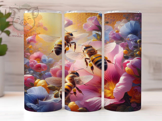 Floral Bee Botanical Tumbler, Bee And Flower Sublimation, 20Oz Tumbler Wrap, Spring Pollinator Drinkware, Floral Bee Cup Wrap, Honey Bee Tumbler Design, Botanical Bee Drinkware Sublimation Lara' s Designs 