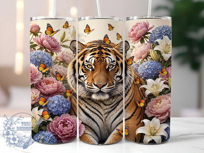 Floral Bengal Tiger 20oz Tumbler, Bengal Tiger Motif, Floral Art Design, Exotic Theme, Whimsical Accent, Elegant Charm, Sublimation Wrap, 20oz Tumbler Sublimation ToriDesigns 
