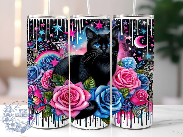 Floral Black Cat 20oz Skinny Tumbler, Cat Lovers Tumbler Png, Straight & Tapered Tumbler Wrap, Instant Digital Download Sublimation ToriDesigns 