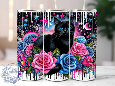 Floral Black Cat 20oz Skinny Tumbler, Cat Lovers Tumbler Png, Straight & Tapered Tumbler Wrap, Instant Digital Download Sublimation ToriDesigns 