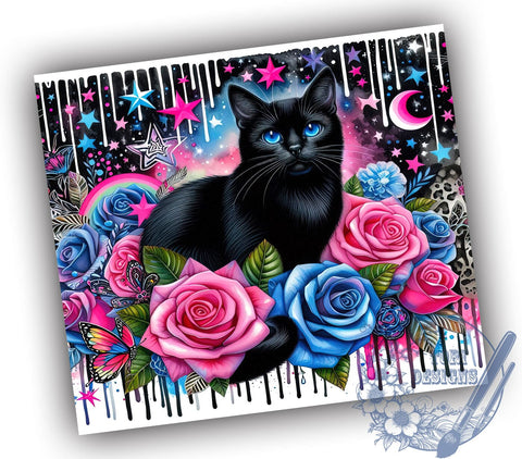 Floral Black Cat 20oz Skinny Tumbler, Cat Lovers Tumbler Png, Straight & Tapered Tumbler Wrap, Instant Digital Download Sublimation ToriDesigns 