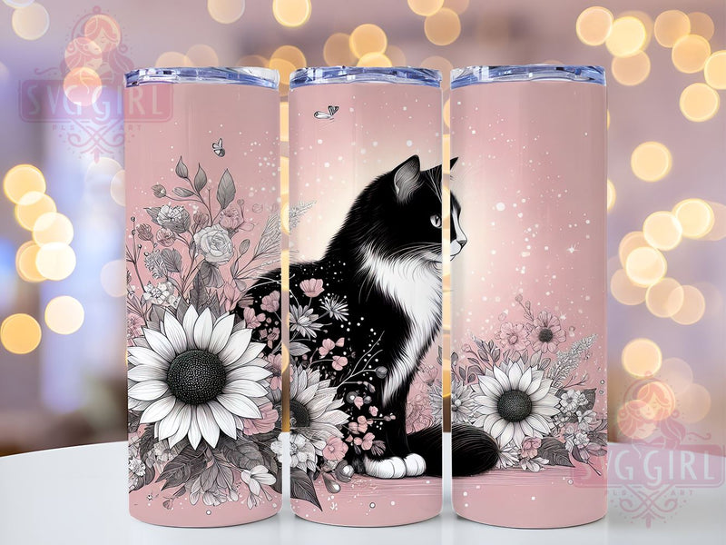 Floral Black Cat Tumbler Wrap, Cat Tumbler, Black Cat Gift, Sunflower Design, 20oz Tumbler Wrap, Cat Lover Merchandise, Sublimation Art, Floral Cat Decor Sublimation SvggirlplusArt 