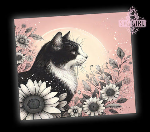 Floral Black Cat Tumbler Wrap, Cat Tumbler, Black Cat Gift, Sunflower Design, 20oz Tumbler Wrap, Cat Lover Merchandise, Sublimation Art, Floral Cat Decor Sublimation SvggirlplusArt 