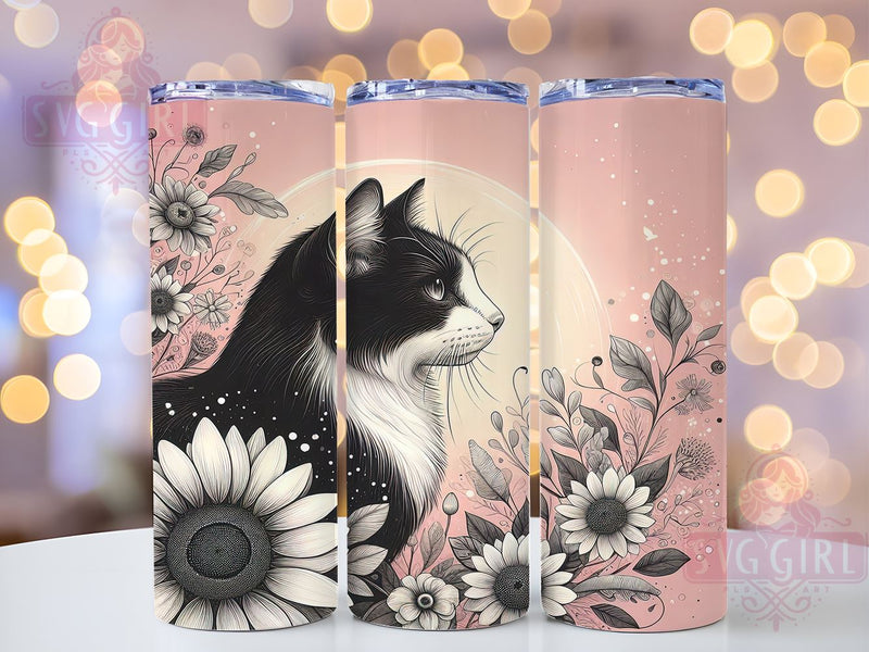 Floral Black Cat Tumbler Wrap, Cat Tumbler, Black Cat Gift, Sunflower Design, 20oz Tumbler Wrap, Cat Lover Merchandise, Sublimation Art, Floral Cat Decor Sublimation SvggirlplusArt 
