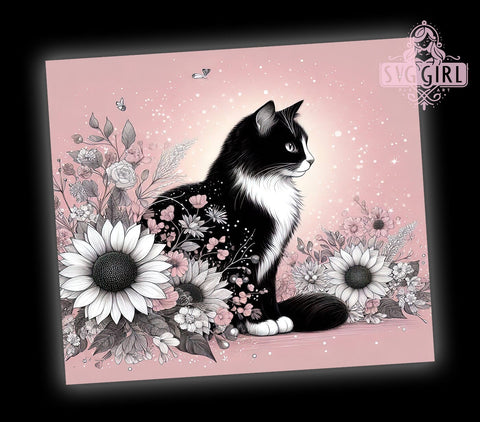 Floral Black Cat Tumbler Wrap, Cat Tumbler, Black Cat Gift, Sunflower Design, 20oz Tumbler Wrap, Cat Lover Merchandise, Sublimation Art, Floral Cat Decor Sublimation SvggirlplusArt 