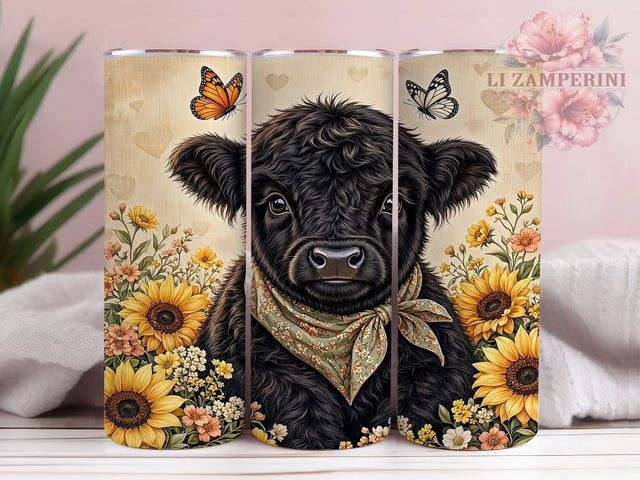 Floral Black Highland Cow 20oz Tumbler, Highland Cow, Floral Design, Black Theme, Farmhouse Style, Rustic Charm, Animal Motif, Sublimation Tumbler Sublimation Li Zamperini 