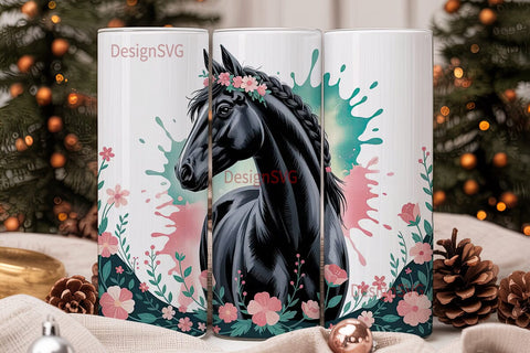 Floral Black Horse 20oz Tumbler Wrap Sublimation DesignSVG 