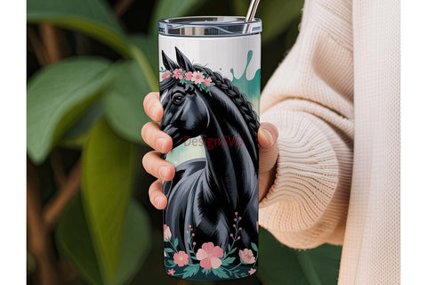 Floral Black Horse 20oz Tumbler Wrap Sublimation DesignSVG 