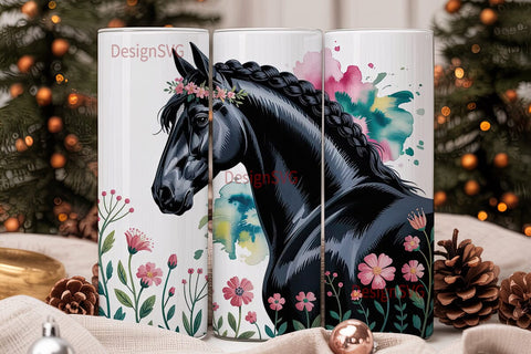 Floral Black Horse 20oz Tumbler Wrap Sublimation DesignSVG 