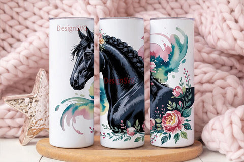 Floral Black Horse 20oz Tumbler Wrap Sublimation DesignSVG 