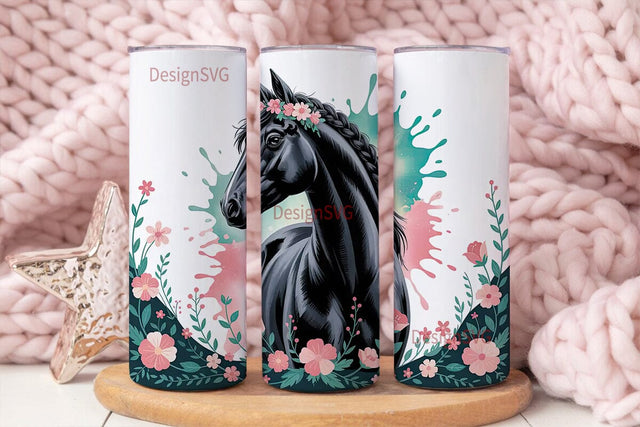 Floral Black Horse 20oz Tumbler Wrap Sublimation DesignSVG 