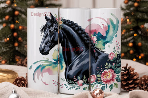 Floral Black Horse 20oz Tumbler Wrap Sublimation DesignSVG 