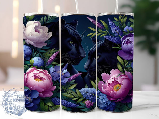 Floral Black Panther Tumbler, Floral Art, Exotic Lover, Jungle Theme, Vibrant Design, 20Oz Tumbler, Sublimation Wrap Sublimation ToriDesigns 