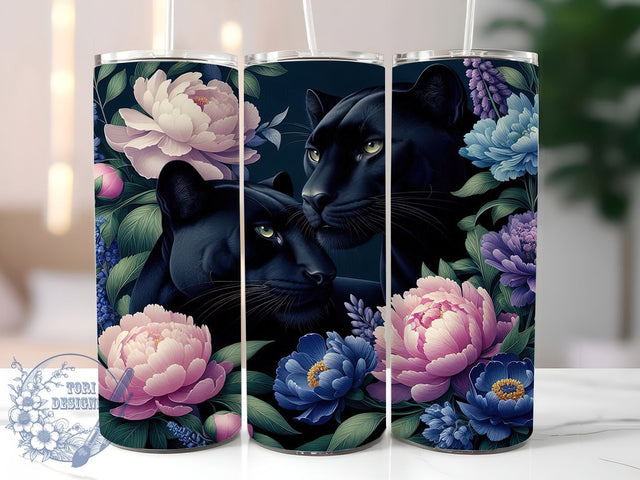 Floral Black Panther Tumbler, Floral Art, Exotic Lover, Jungle Theme, Vibrant Design, 20Oz Tumbler, Sublimation Wrap Sublimation ToriDesigns 