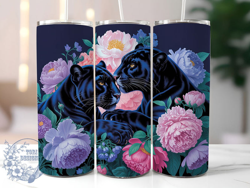 Floral Black Panther Tumbler, Floral Art, Exotic Lover, Jungle Theme, Vibrant Design, 20Oz Tumbler, Sublimation Wrap Sublimation ToriDesigns 