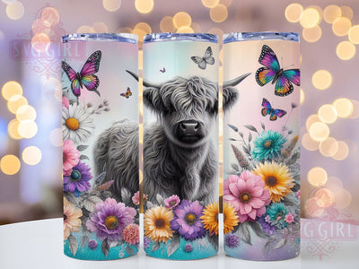 Floral Black & White Highland Cow Tumbler, Black And White Cow Wrap, 20Oz Sublimation Design, Monochrome Cow Cup, Elegant Cow Drinkware, Highland Cow With Flowers, Farm Animal Mug Design Sublimation SvggirlplusArt 