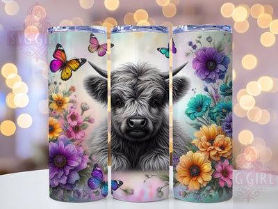 Floral Black & White Highland Cow Tumbler, Black And White Cow Wrap, 20Oz Sublimation Design, Monochrome Cow Cup, Elegant Cow Drinkware, Highland Cow With Flowers, Farm Animal Mug Design Sublimation SvggirlplusArt 