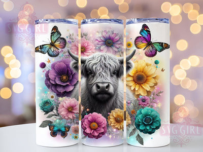 Floral Black & White Highland Cow Tumbler, Black And White Cow Wrap, 20Oz Sublimation Design, Monochrome Cow Cup, Elegant Cow Drinkware, Highland Cow With Flowers, Farm Animal Mug Design Sublimation SvggirlplusArt 