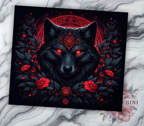 Floral Black Wolf 20oz Tumbler Wrap PNG, Black Wolf Tumbler Png, Straight & Tapered Tumbler Wrap, Instant Digital Download Sublimation Li Zamperini 
