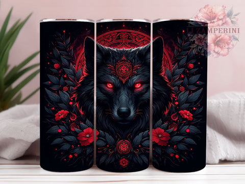 Floral Black Wolf 20oz Tumbler Wrap PNG, Black Wolf Tumbler Png, Straight & Tapered Tumbler Wrap, Instant Digital Download Sublimation Li Zamperini 