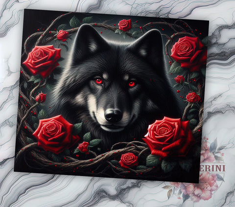 Floral Black Wolf 20oz Tumbler Wrap PNG, Black Wolf Tumbler PNG Sublimation Design, Straight & Tapered Tumbler Wrap, Instant Digital Download Sublimation Li Zamperini 