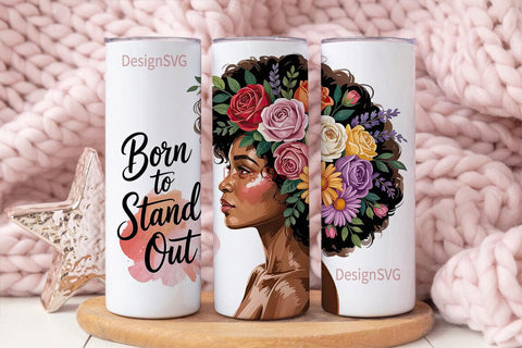 Floral Black Woman Portrait Tumbler Wrap Sublimation DesignSVG 
