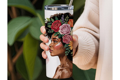 Floral Black Woman Portrait Tumbler Wrap Sublimation DesignSVG 