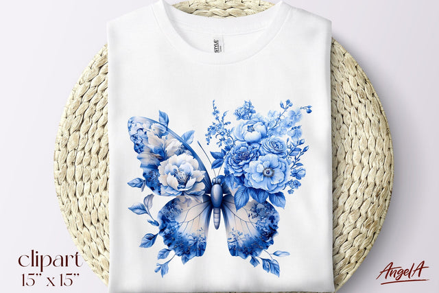 Floral blue butterfly clipart, blue and white, Chinoiserie Sublimation Angelina Semenova 