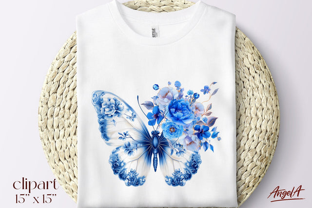 Floral blue butterfly clipart, blue and white, Chinoiserie Sublimation Angelina Semenova 