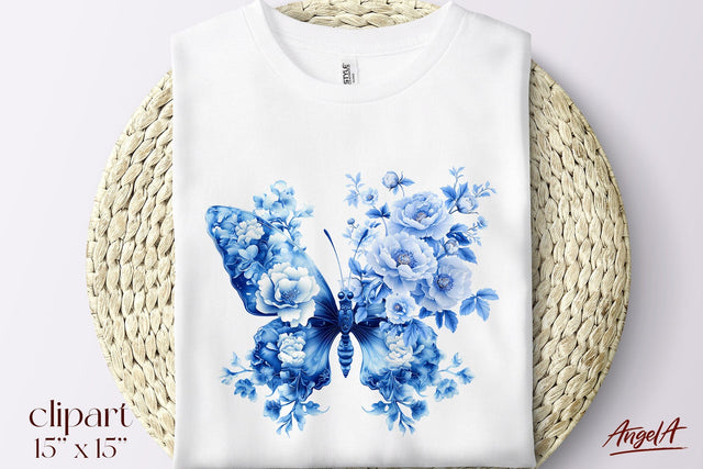 Floral blue butterfly clipart, blue and white, Chinoiserie Sublimation Angelina Semenova 