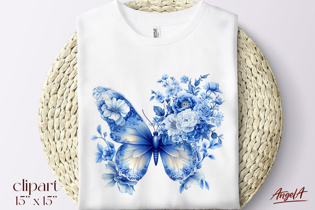 Floral blue butterfly clipart, blue and white, Chinoiserie Sublimation Angelina Semenova 