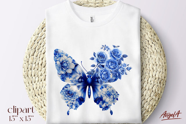 Floral blue butterfly clipart, Chinoiserie, T-shirt design Sublimation Angelina Semenova 