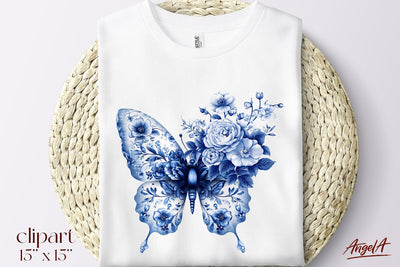 Floral blue butterfly clipart, Chinoiserie, T-shirt design Sublimation Angelina Semenova 