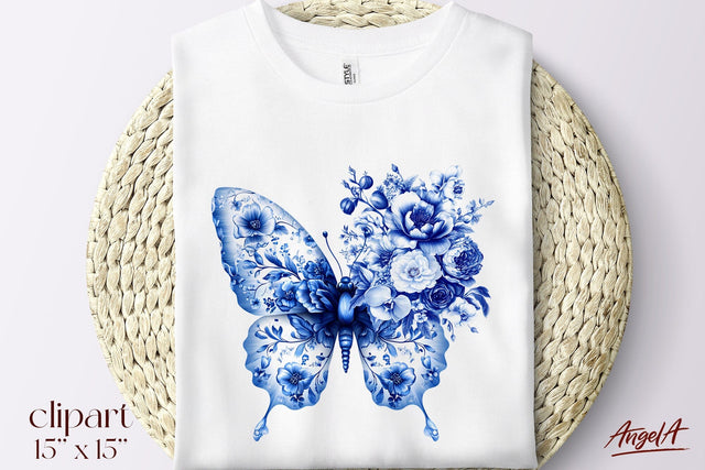 Floral blue butterfly clipart, Chinoiserie, T-shirt design Sublimation Angelina Semenova 