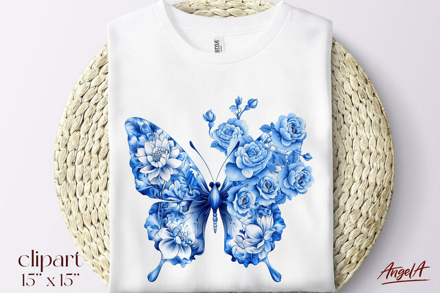 Floral blue butterfly clipart, T-shirt design Chinoiserie Sublimation Angelina Semenova 