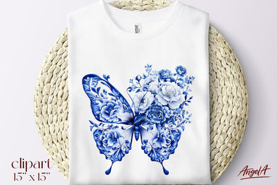 Floral blue butterfly clipart, T-shirt design Chinoiserie Sublimation Angelina Semenova 