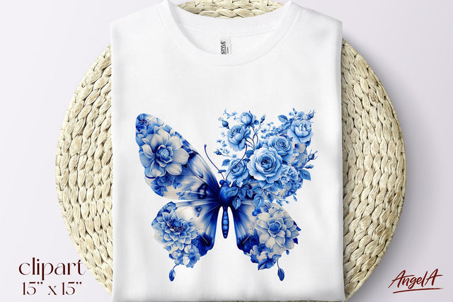 Floral blue butterfly clipart, T-shirt design Chinoiserie Sublimation Angelina Semenova 