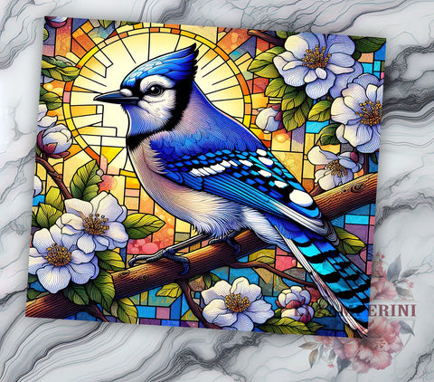 Floral Blue Jay Stained Glass 20oz Tumbler Wrap PNG, Blue Jay Tumbler PNG Sublimation Design, Straight & Tapered Tumbler Wrap, Instant Digital Download Sublimation Li Zamperini 
