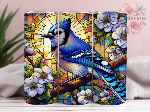 Floral Blue Jay Stained Glass 20oz Tumbler Wrap PNG, Blue Jay Tumbler PNG Sublimation Design, Straight & Tapered Tumbler Wrap, Instant Digital Download Sublimation Li Zamperini 