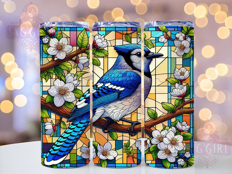 Floral Blue Jay Stained Glass 20oz Tumbler Wrap Sublimation Design, Straight Tapered Tumbler Wrap, Blue Bird Tumbler Png, Instant Digital Download Sublimation SvggirlplusArt 