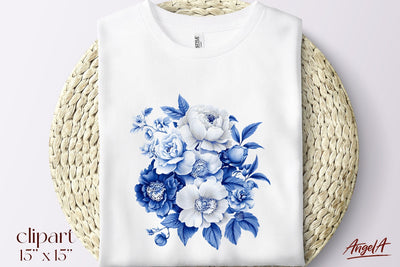 Floral blue peonies, chinoiserie blue flowers clipart PNG Sublimation Angelina Semenova 